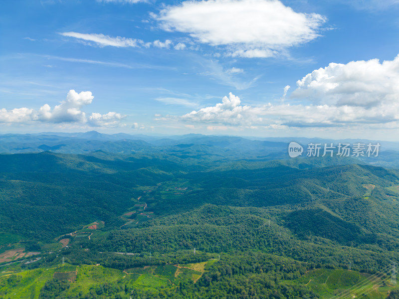 航拍天空高山农田田园村寨风光