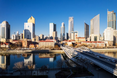 天津海河风景线小白楼商圈城市建筑风光航拍