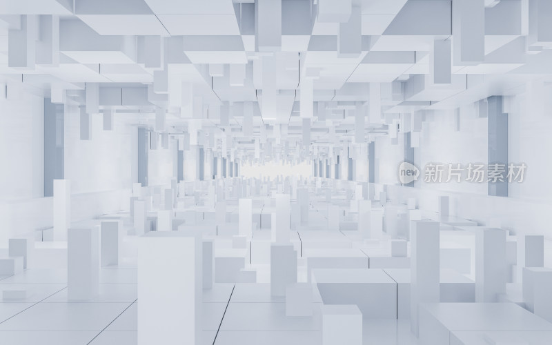 白色方块几何体隧道3D渲染