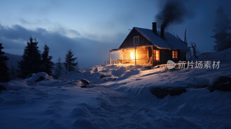 冬天晚上森林里冒着炊烟小屋