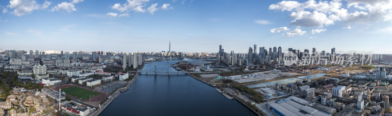 天津滨海海河响螺湾海门大桥城市风光航拍