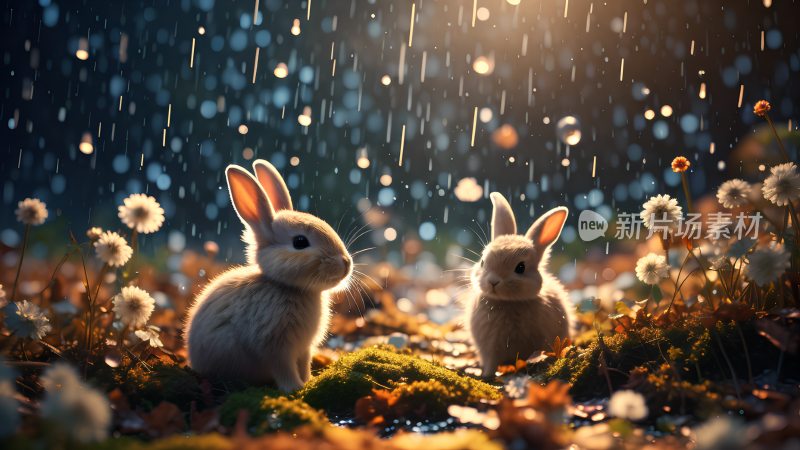 春天清明时节两只小兔子在花草丛中淋着春雨