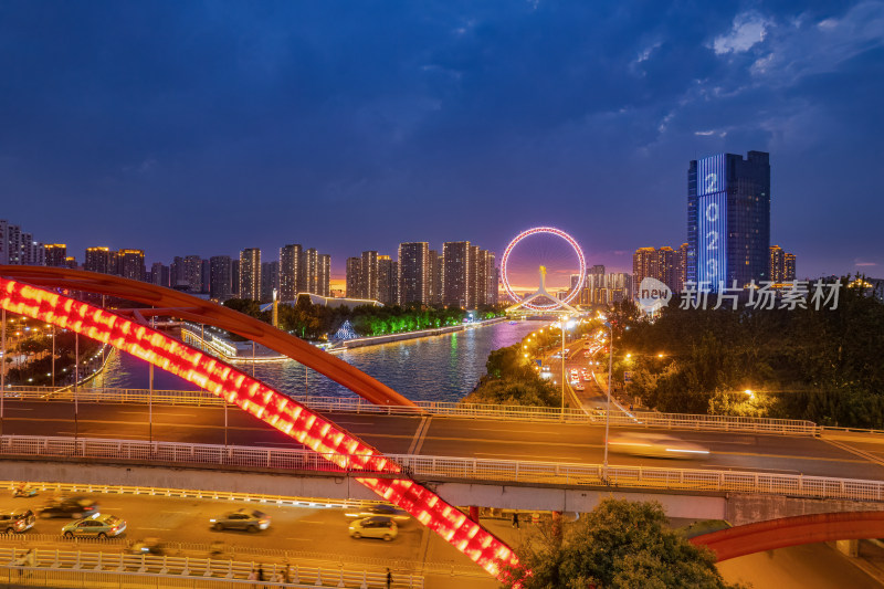 海河天津之眼旅游景区城市日落晚霞夜景航拍