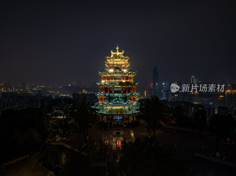 重庆网红寺庙鸿恩寺夜景古塔高空航拍