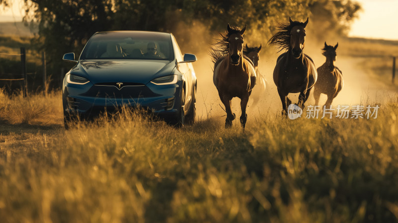 草原竞速：马与现代电动汽车的黄昏较量