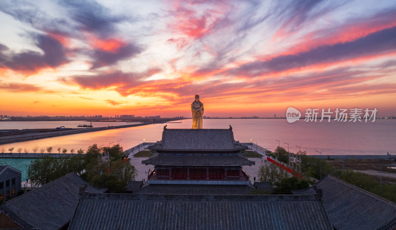 天津生态城东堤公园妈祖文化园日落晚霞航拍