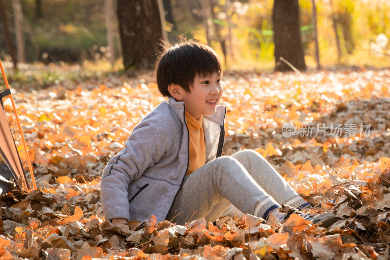 秋天在户外坐着玩耍的男孩