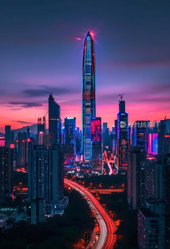 现代城市黄昏摩天高楼与立交桥夜景
