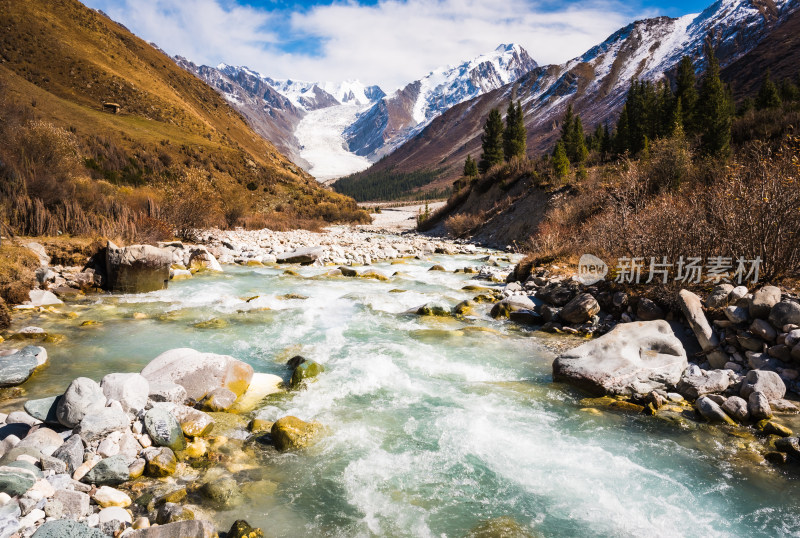 雪山冰川脚下的河流风景