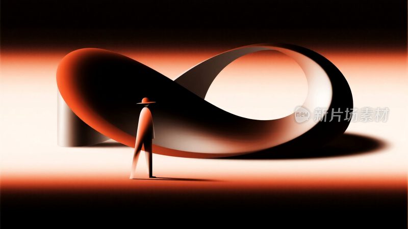 戴帽人物与抽象环形物体场景