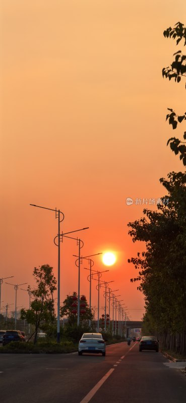 夕阳下车辆行驶的街道景象