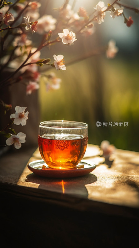 阳光下木桌上的花茶与花枝