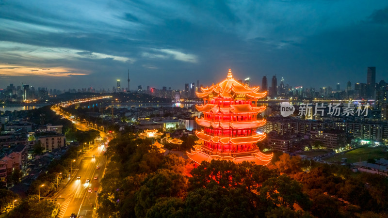 武汉黄鹤楼傍晚及夜晚航拍