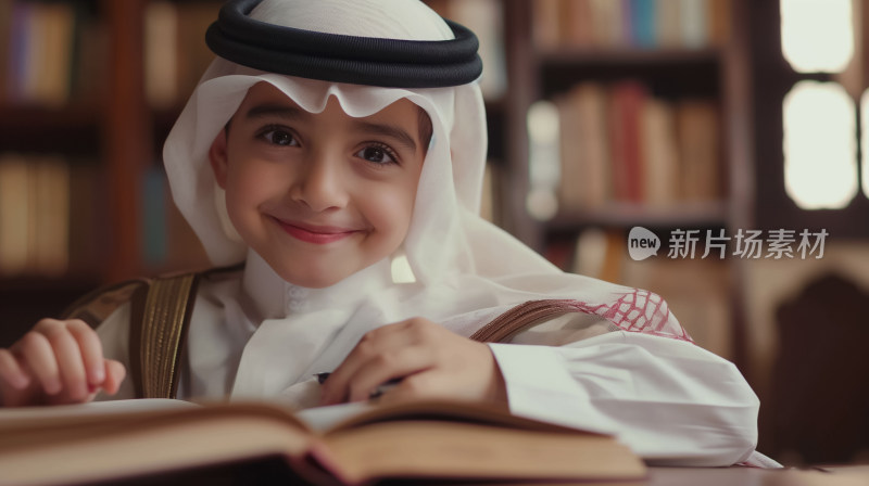 微笑沙特阿拉伯小学生在图书馆的学习时光