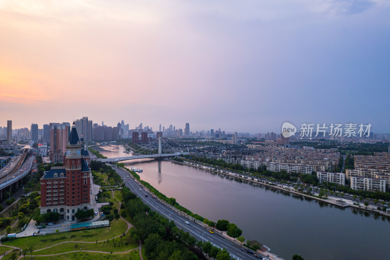 天津海河富民桥城市建筑日落晚霞风光航拍