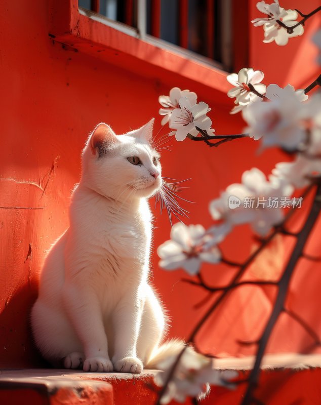 春日暖阳红墙白猫可爱猫咪晒太阳背景