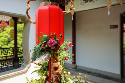 杭州西湖郭庄月季花展的灯笼