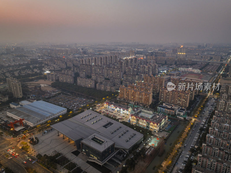 航拍昆山中心城区日落风光大景