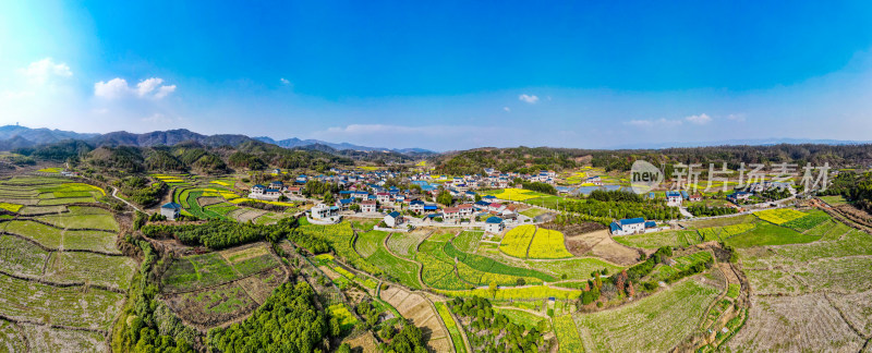 山川丘陵金黄稻田美丽乡村全景图航拍