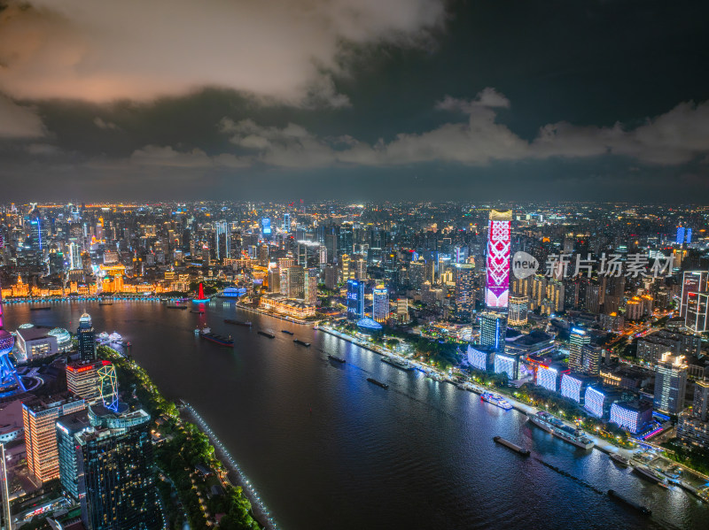 航拍上海陆家嘴金融中心密集高楼群夜景