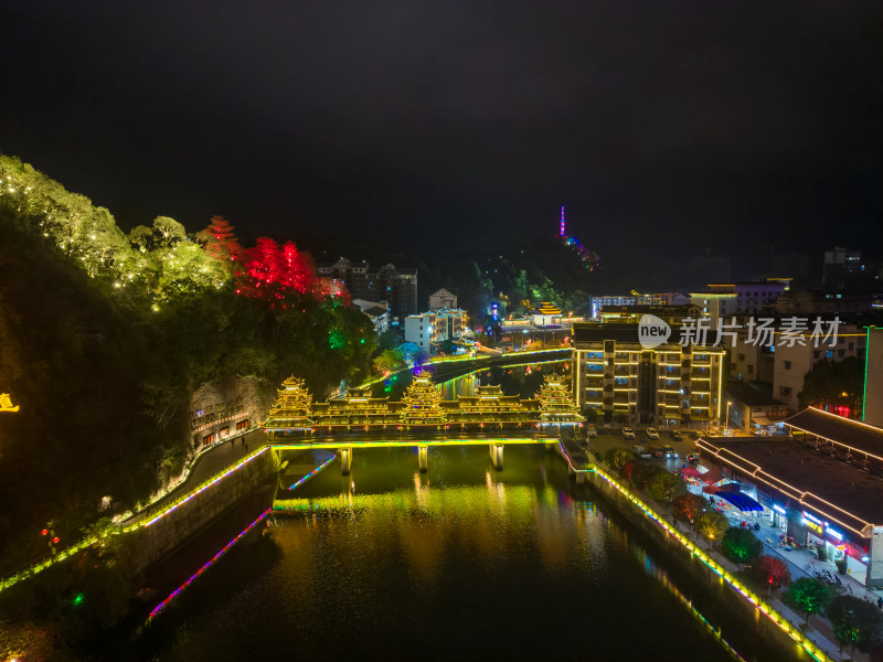 湖南怀化通道廊桥通道风雨桥夜景航拍