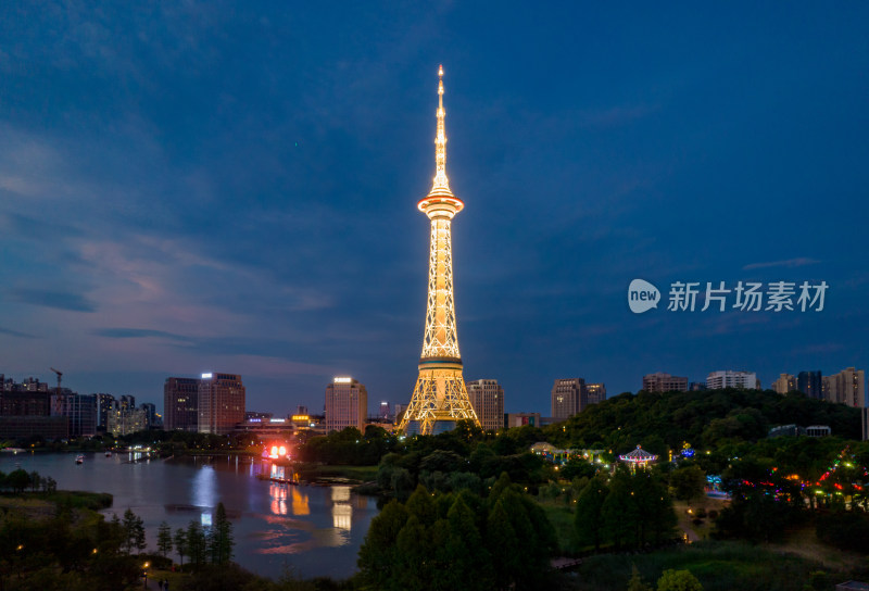 中国湖南省株洲市天元区神农塔夜景航拍