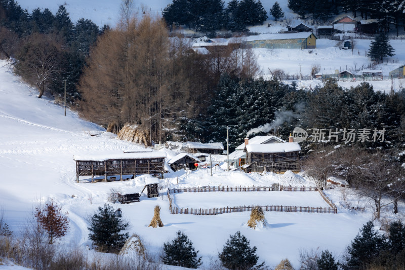 雪后乡村景象，银装素裹的村庄小屋