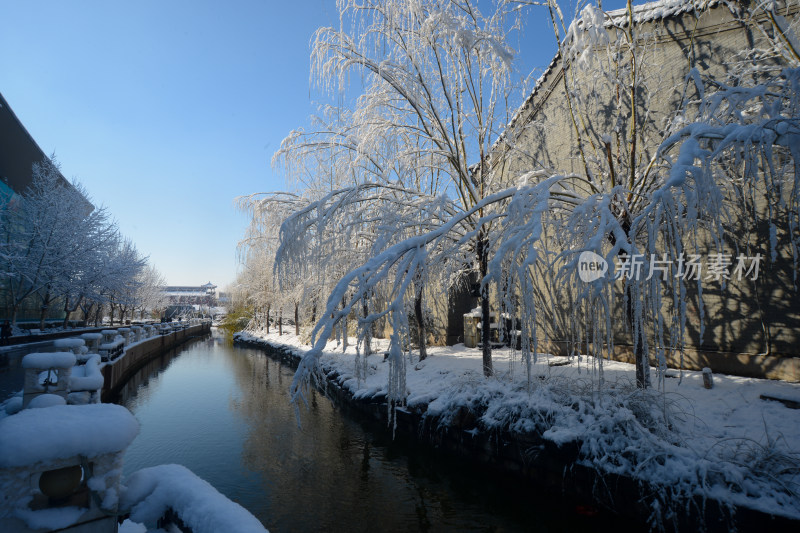 河畔雪景垂柳古建筑风景