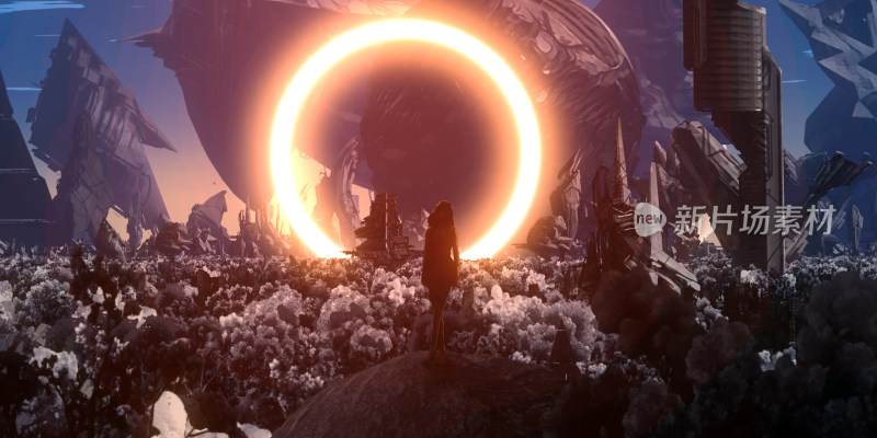 科幻场景中人物眺望巨型光环