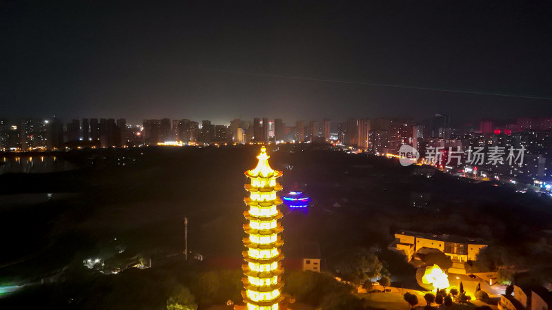 航拍湖北鄂州莲花山元明塔夜景