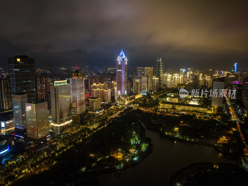 海南海口海滨新城城市车水马龙夜景灯光航拍