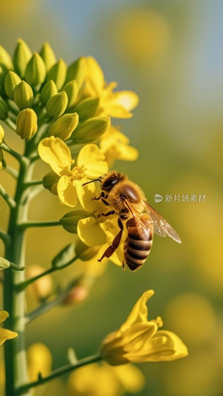 蜜蜂飞舞于油菜花田