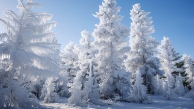 冬季雪山林中被冰雪覆盖着的树