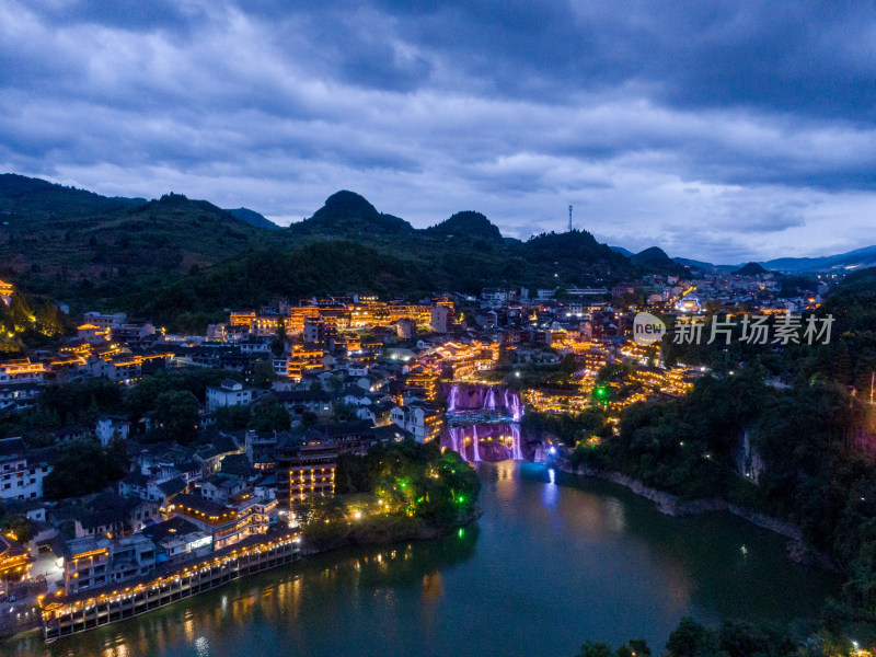 航拍湖南湘西芙蓉镇夜景