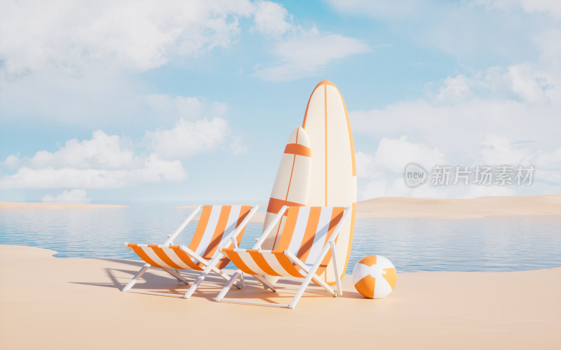 沙滩上的沙滩椅和冲浪板3D渲染