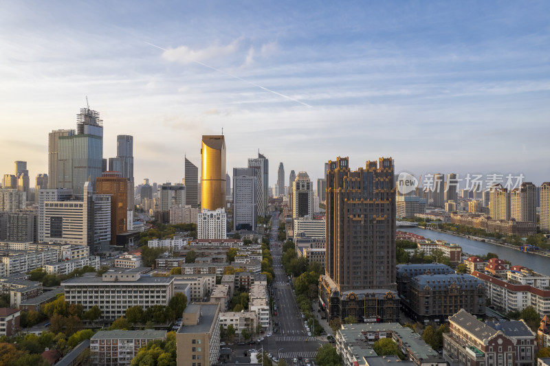 天津海河风景线小白楼商圈城市建筑日落风光