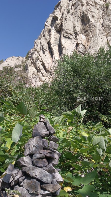 户外岩石堆与植被构成的自然景观