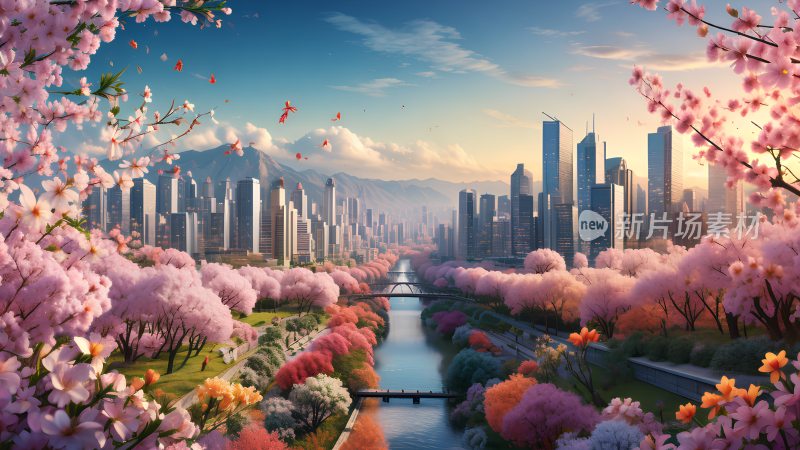 春天樱花桃花盛开的城市公园