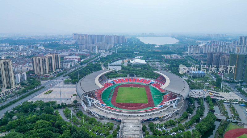 航拍湖北荆门市生态运动公园体育场