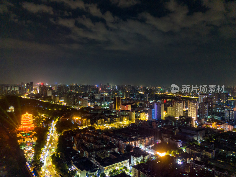 武汉黄鹤楼城市夜景灯光航拍图