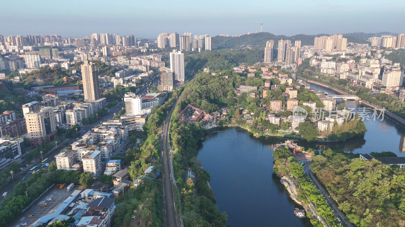 航拍四川自贡城市建设釜溪河风光