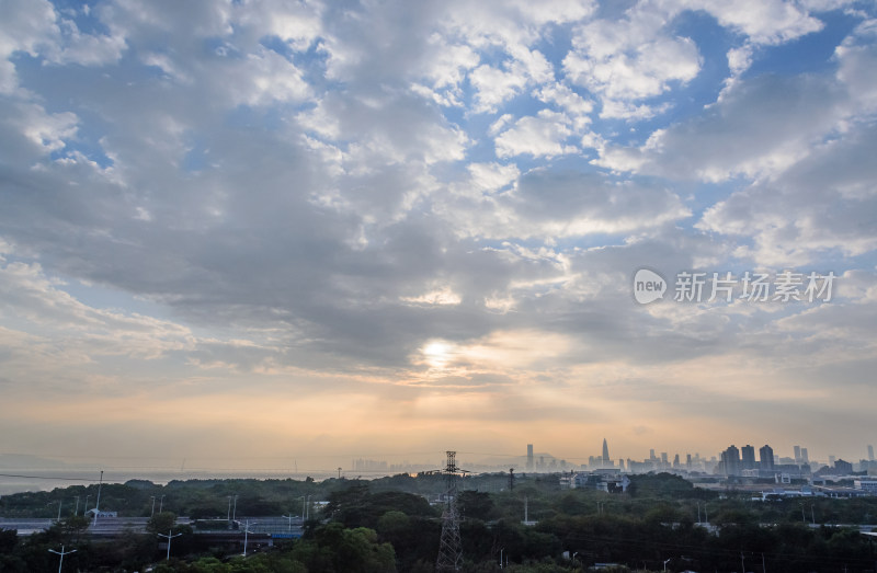 夕阳落日下的深圳湾城市建筑剪影