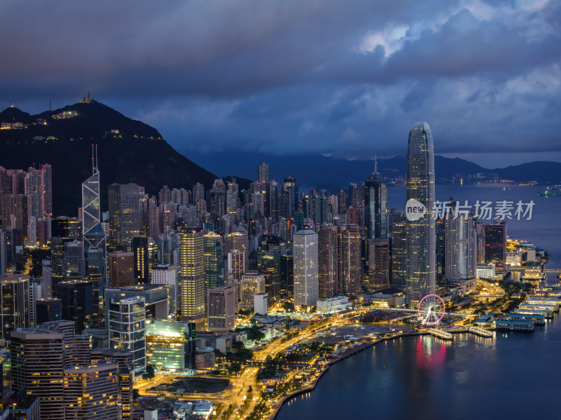 香港维多利亚港CBD中环夜景高空航拍