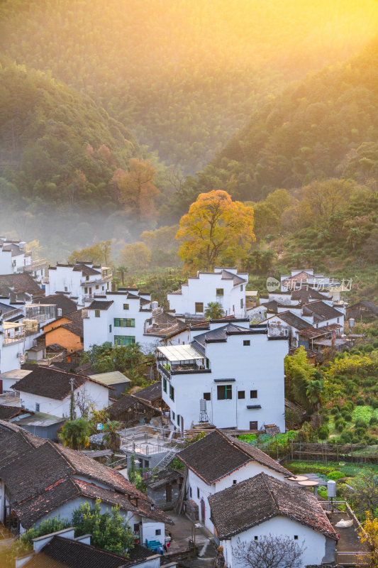 航拍江西婺源石城徽派建筑秋色枫叶村庄日出