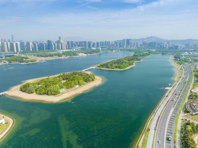 航拍夏季山东省日照市奥林匹克水上公园