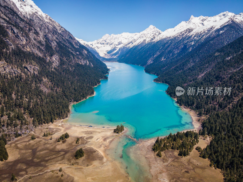 航拍林芝新措 湖泊森林雪山全景