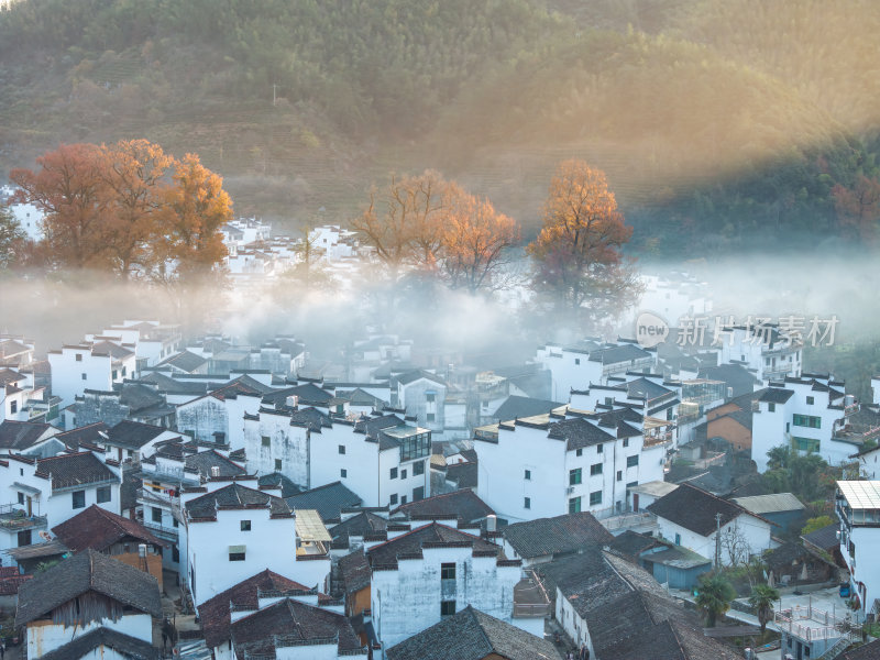 江西上饶婺源石城红枫网红景点日出晨雾航拍