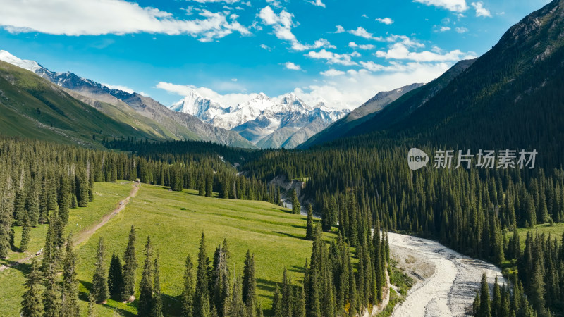 航拍雪山森林河流风景