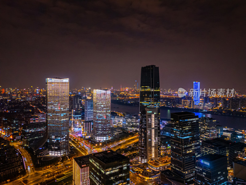 航拍上海徐汇西岸金融区夜景