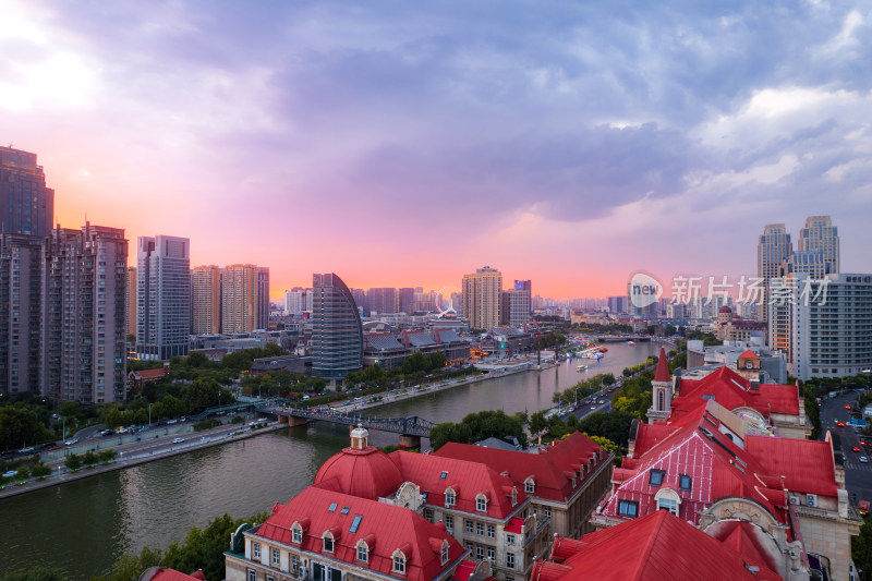 天津海河古文化街码头城市夜景风光航拍